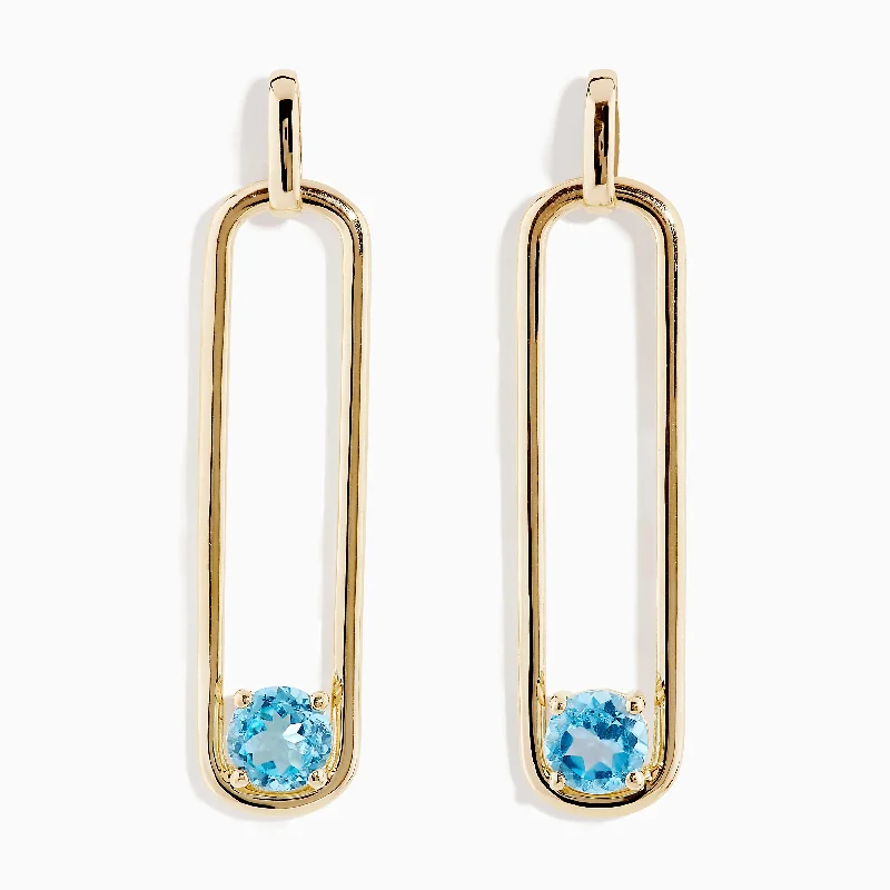 14K Yellow Gold Paperclip Blue Topaz Drop Earrings