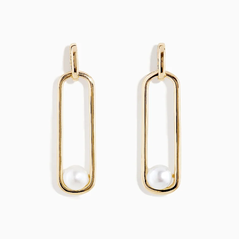 14K Yellow Gold Paperclip Cultured Freshwater Pearl Earrings