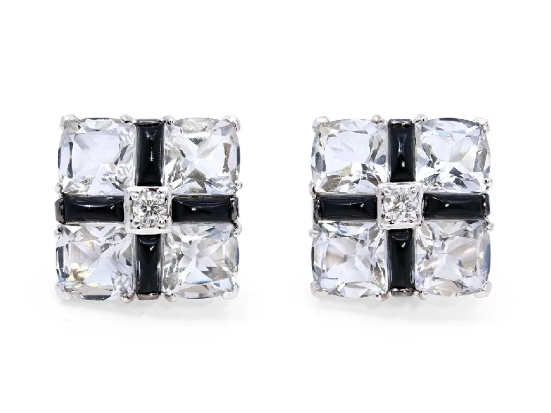 Seaman Schepps Crystal, Diamond and Onyx 'Quad' Earclips in 18K White Gold