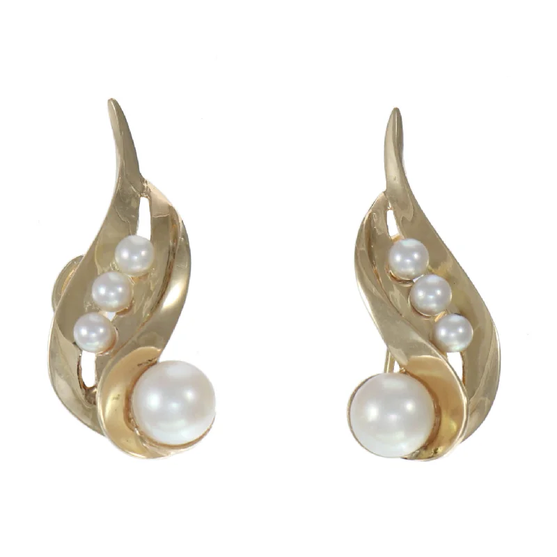 7mm Cultured Pearl Long Clip Earrings Solid 14k Yellow Gold 8.4g