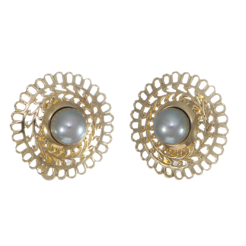 7mm Mabe Pearl Disc Filigree Clip Earrings Solid 14k Yellow Gold 7.6g