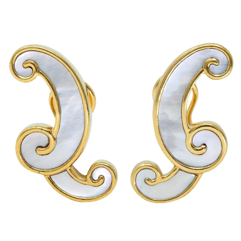 Angela Cummings 1980s Mother-Of-Pearl 18 Karat Yellow Gold Inlay Scroll Ear-Clip Earrings