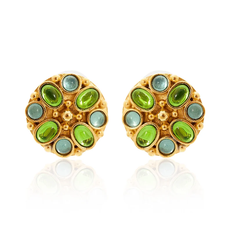 Aqua & Peridot Gold Button Clip Earrings