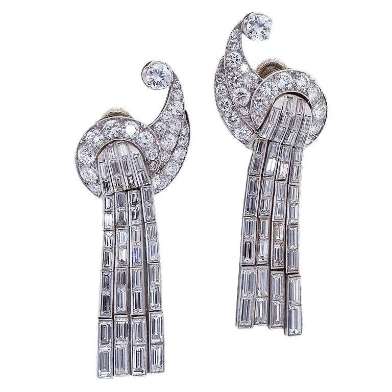 Art Deco Scroll Waterfall Diamond Ear clips