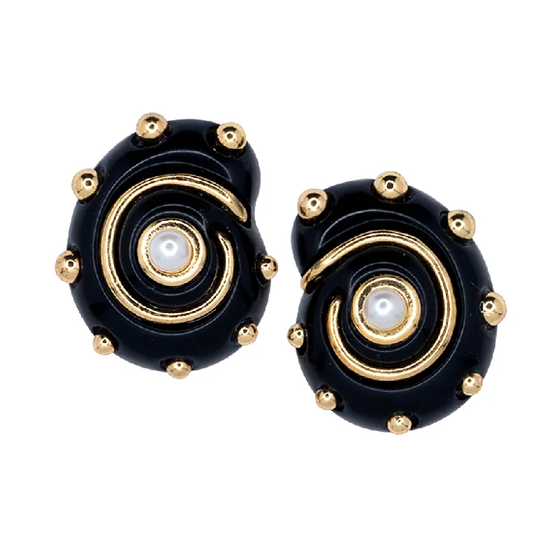 Black with Gold Dots and Pearl Center Shell Clip Earrings