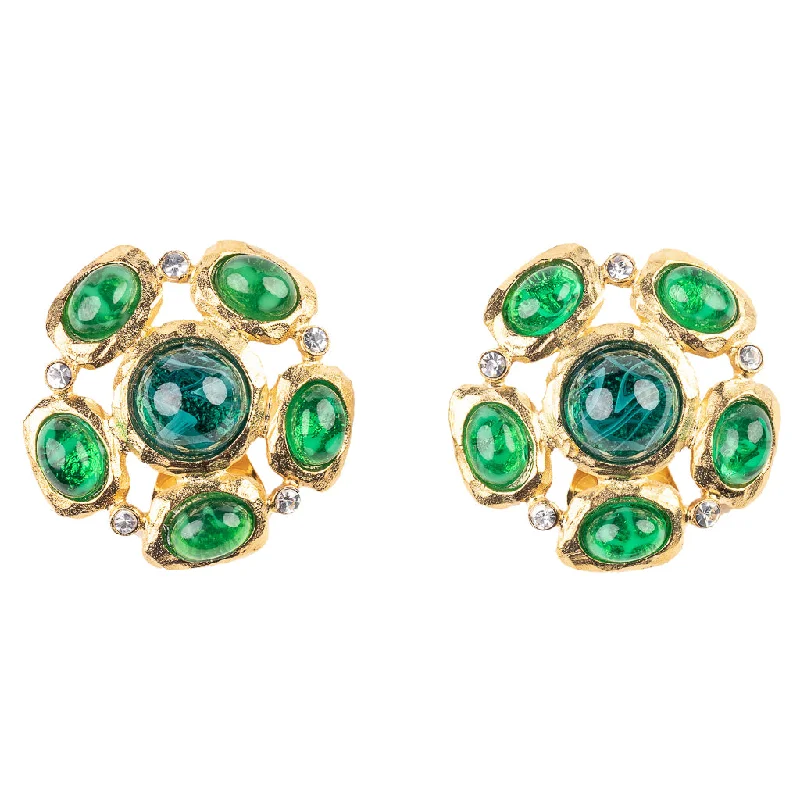 Emerald Cabochon Clip Earrings