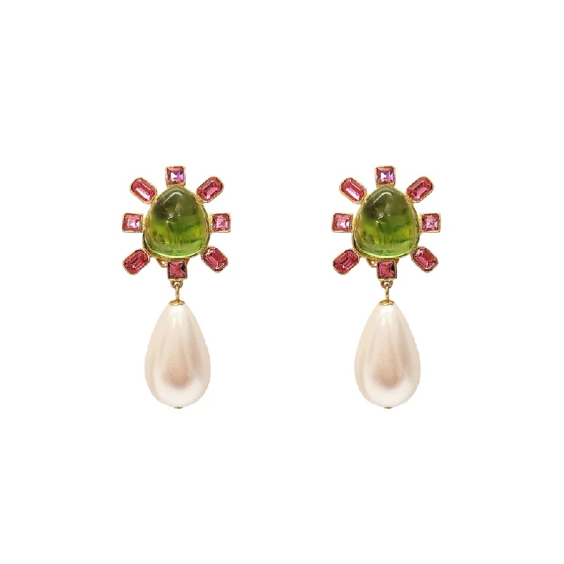 Pink and Peridot Cabochon Center Pearl Drop Clip Earring