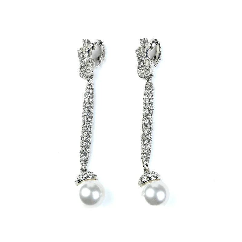 Pearl Bottom Rhinestone Drop Clip On Earrings