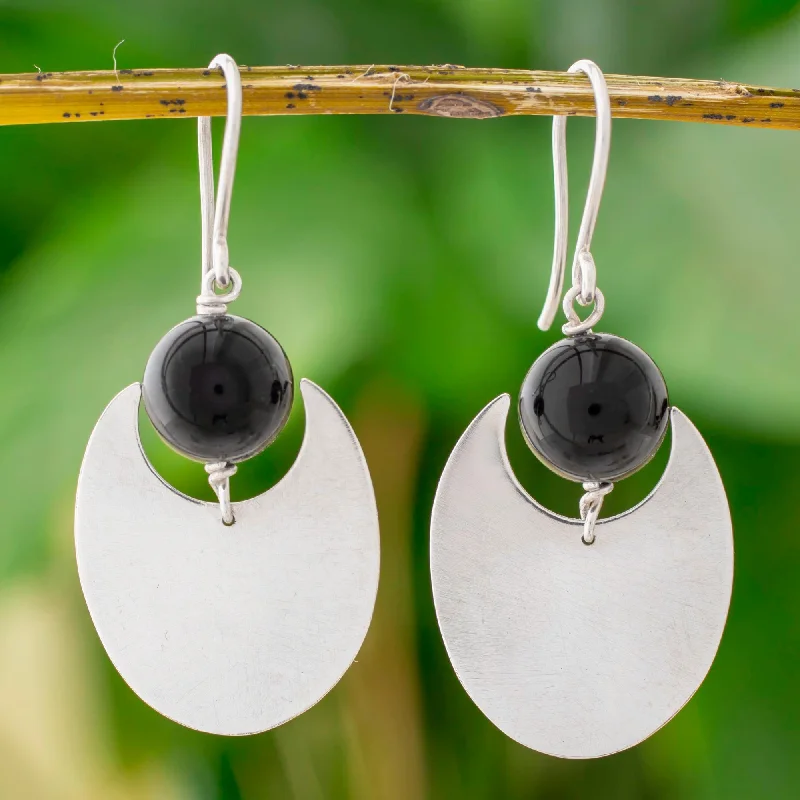 Dark Eclipse Onyx and Sterling Silver Dangle Earrings from Nicaragua