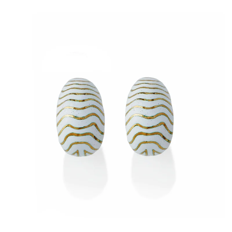 David Webb White Enamel Tiger Stripe Clip Earrings