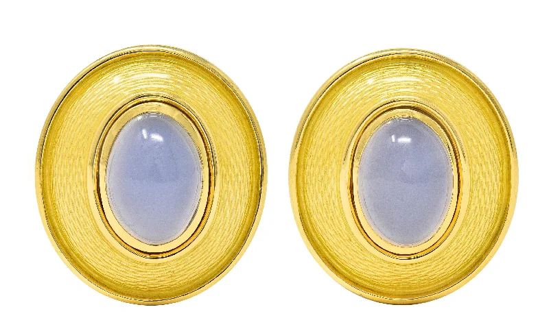 DeVroomen 1998 Blue Chalcedony Enamel 18 Karat Yellow Gold Vintage Ear Clip Earrings