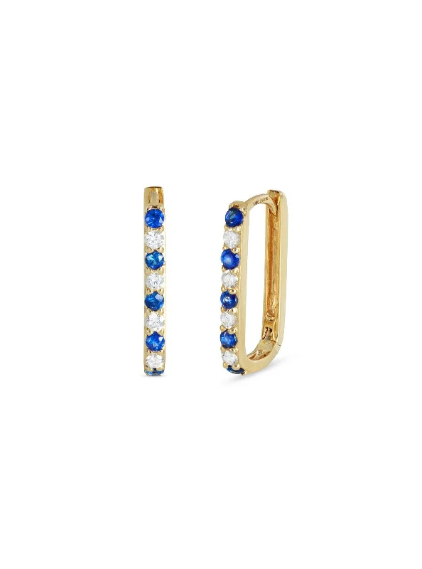 Diamond & Sapphire Small Paperclip Yellow Gold Hoop Earrings