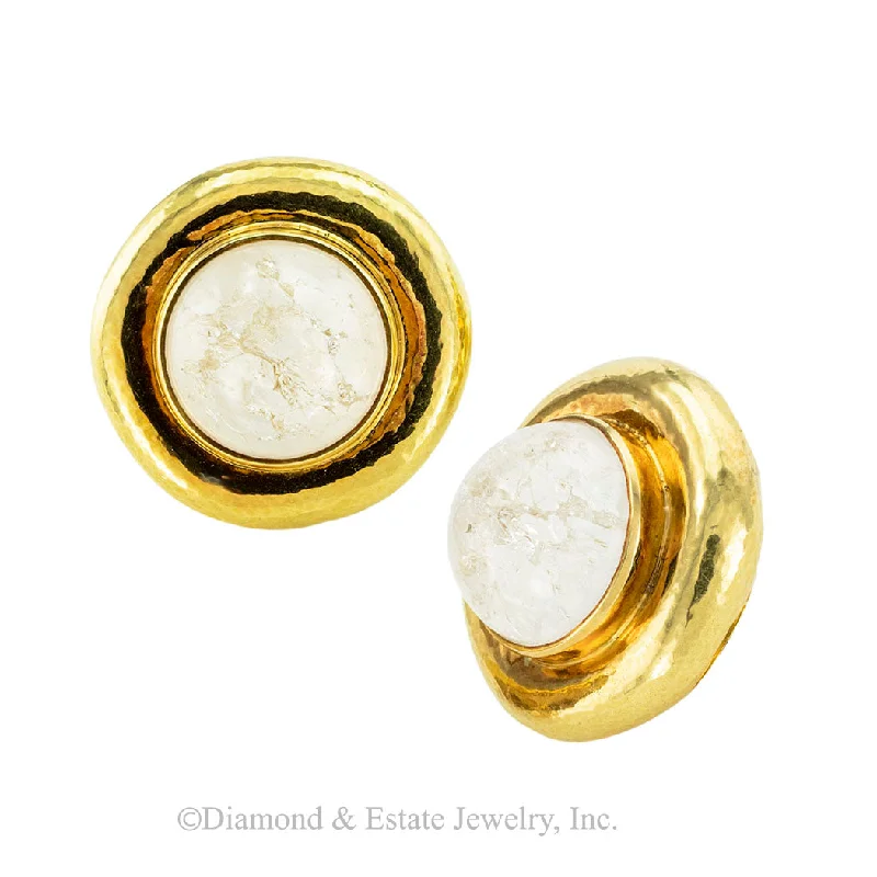 Elizabeth Gage Rock Crystal Yellow Gold Clip On Earrings