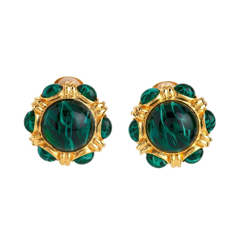 Emerald Cab Button Clip Earrings