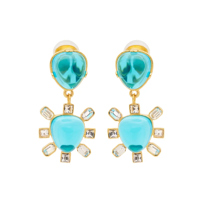 Gold & Aqua Drop Clip Earrings