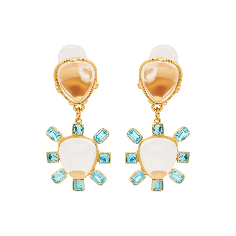 Aqua & Clear Center Drop Clip Earrings