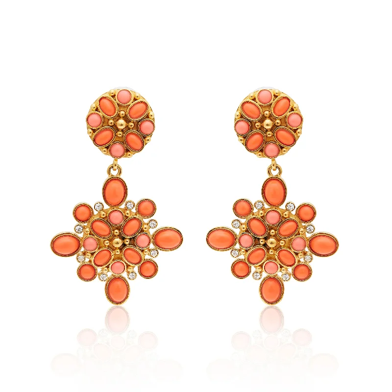 Gold & Coral Cabochon Drop Clip Earrings