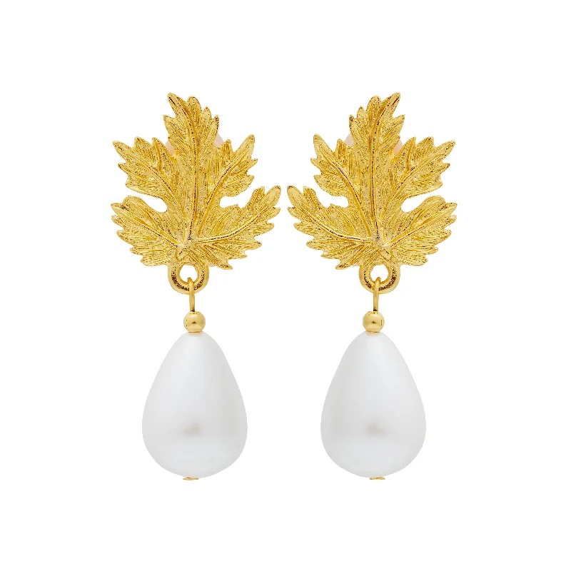 Pearl Drop Leaf Clip Earrings