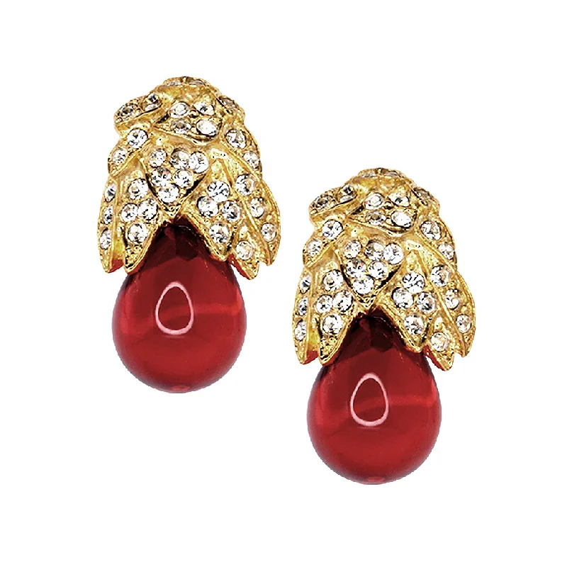 Gold, Rhinestone And Ruby Clip Earrings