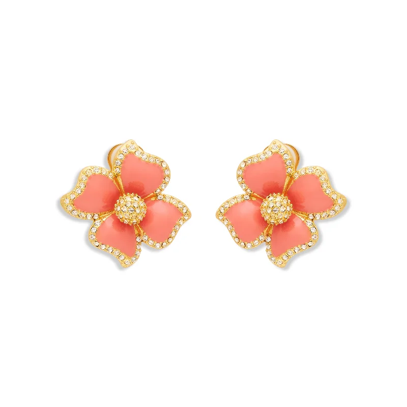 Pink Enamel Flower Clip Earrings