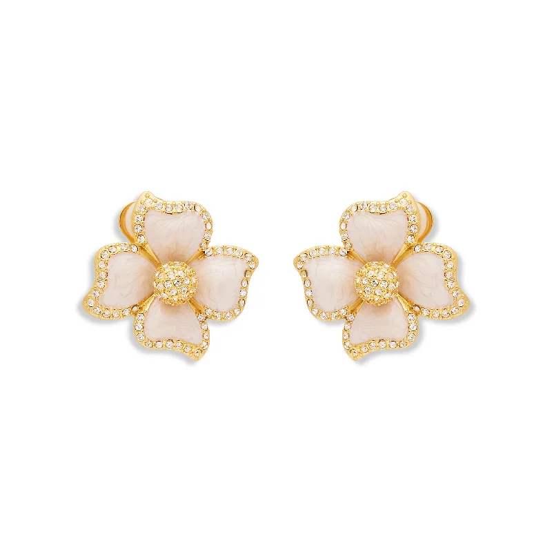 White Enamel Flower Clip Earrings