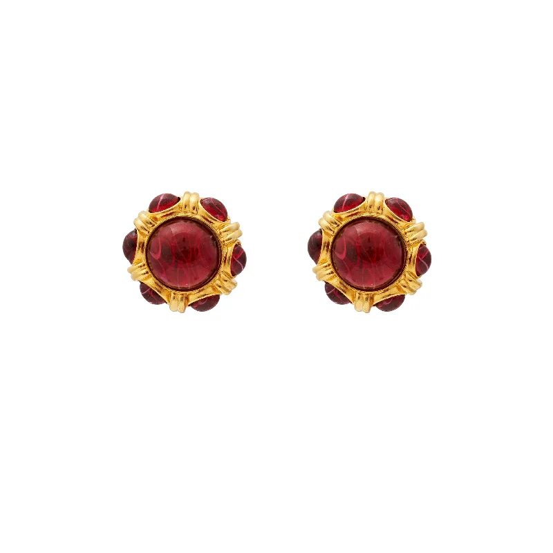 Gold & Ruby Button Clip Earrings