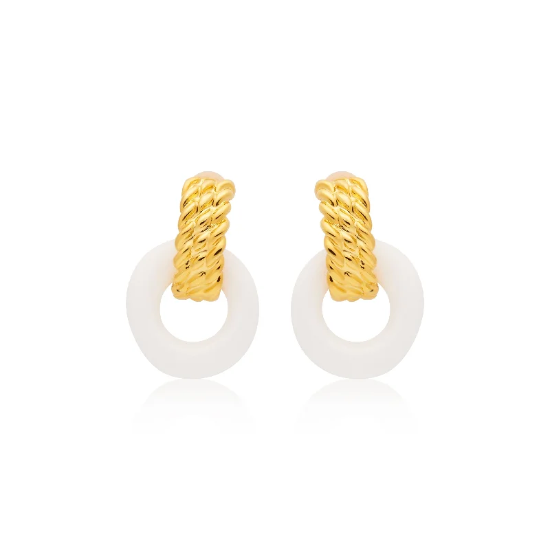 Gold & White Doorknocker Clip Earrings