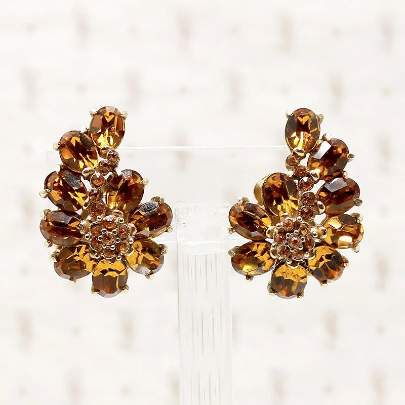 Hollycraft Amber Rhinestone Paisley Clip Earrings