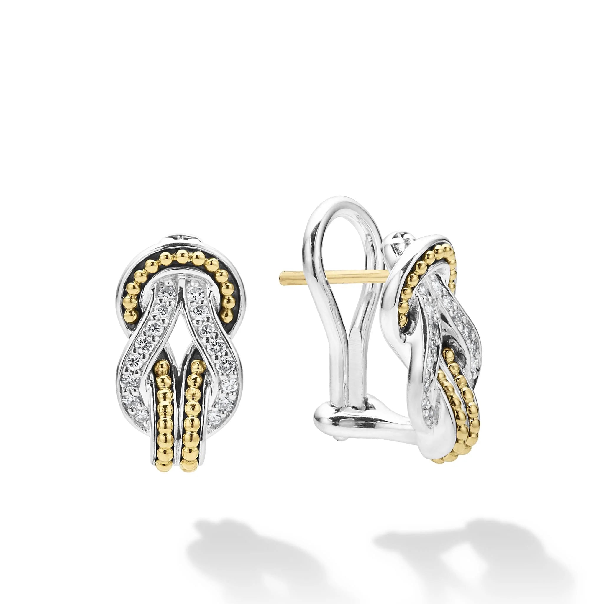 Lagos Newport Large Two-Tone Knot Diamond Omega Clip Earrings