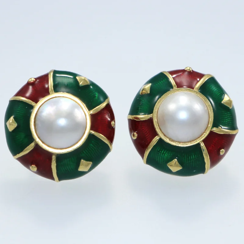 Mabe Pearl Clip Earrings Red Green Enamel Vintage Art Deco 18k Yellow Gold 6mm