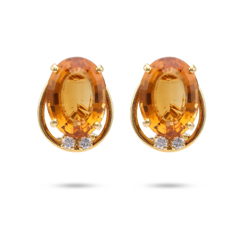 Mid-Century Citrine Diamond 18k Yellow Gold Clip On Earrings