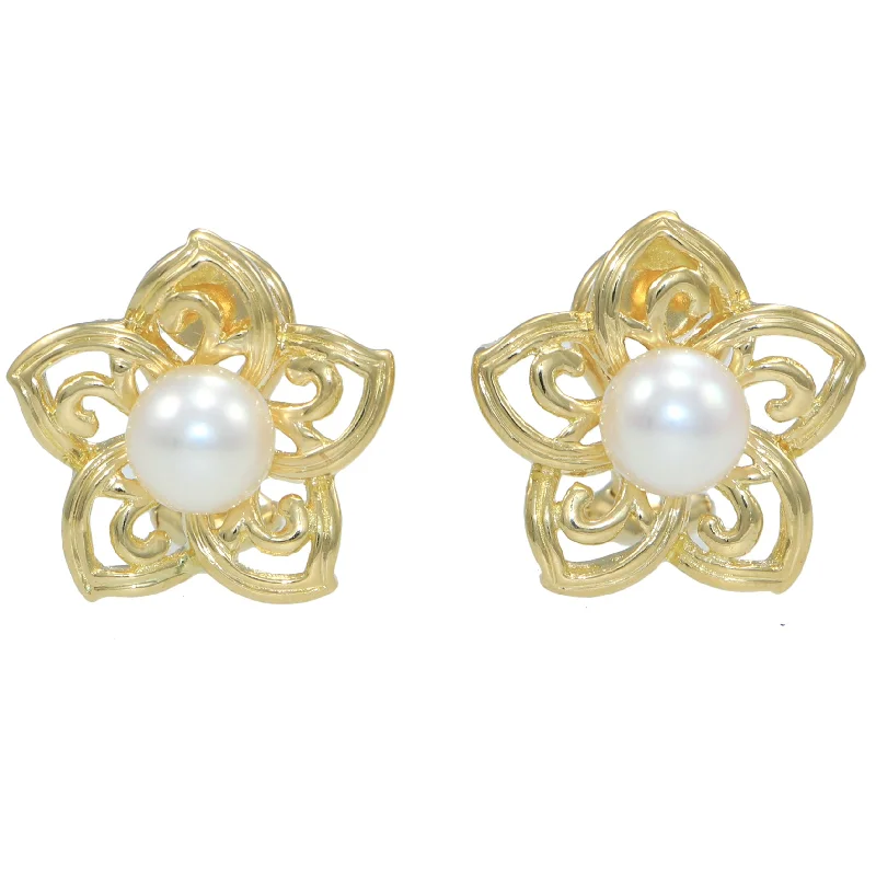 Mikimoto Plumeria Flower Akoya Culture Pearl Clip Earrings 18k Yellow Gold 19mm