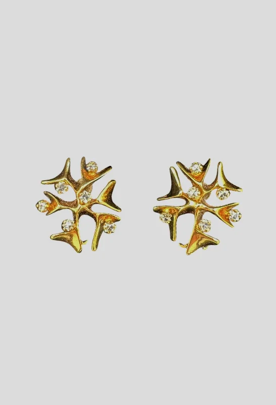 Modernist Snowflake Yellow Gold Diamond Clip On Earrings Circa 1950s