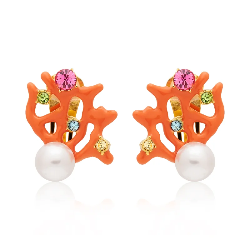 Multi Pastel & Pearl Coral Branch Clip Earring