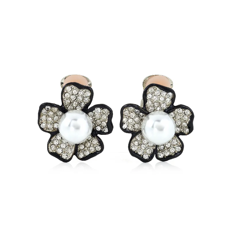 Pearl Center Flower Clip Earrings