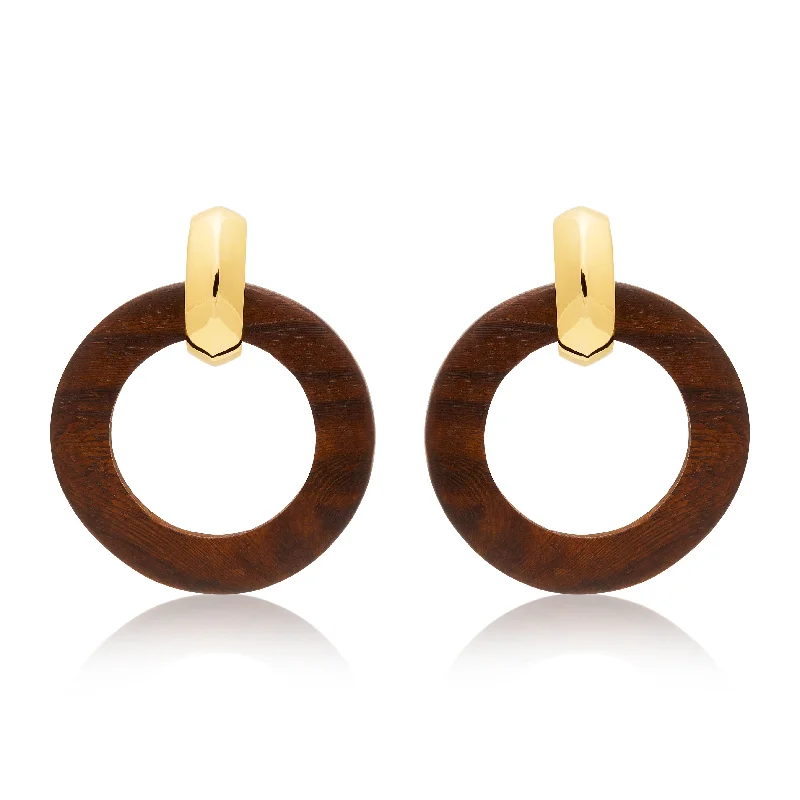 Polished Gold & Wood Doorknocker Clip Earrings