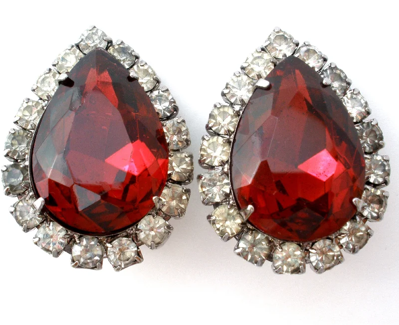 Red Rhinestone Earrings Vintage Clip On