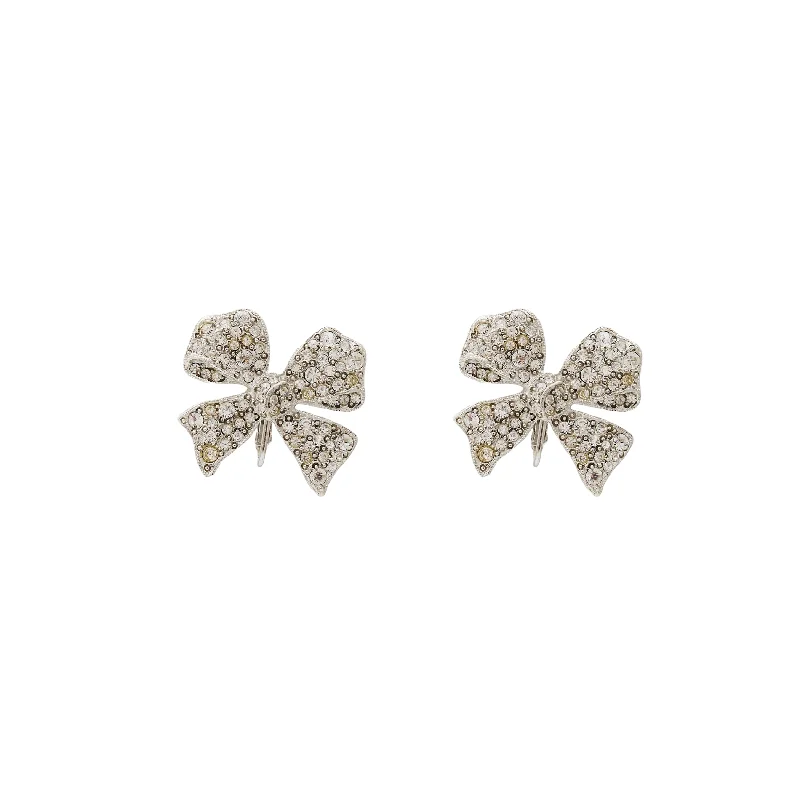 Rhodium & Rhinestone Bow Clip Earring