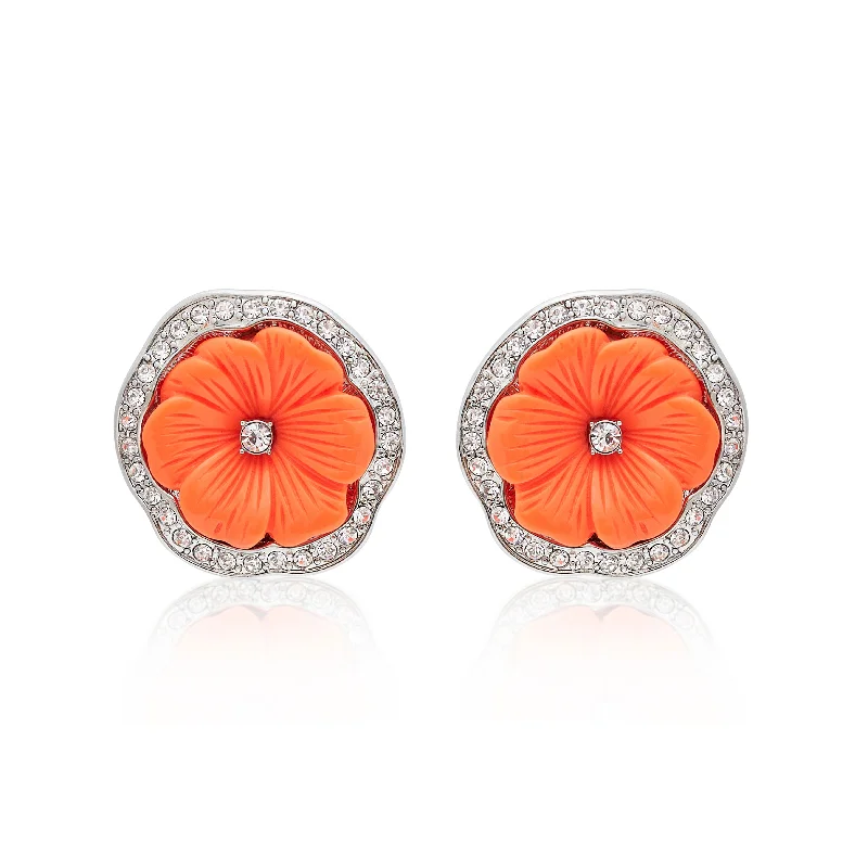 Rhodium & Coral Resin Pansy Clip Earrings