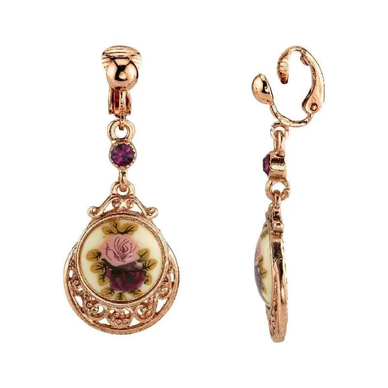 1928 Jewelry Manor House Rose Purple Crystal Flower Clip On Drop Earrings