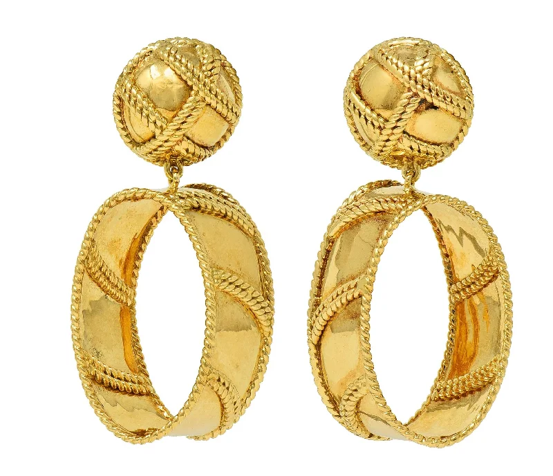 Sabbadini 1980's 18 Karat Yellow Gold Vintage Twisted Rope Drop Ear Clip Earrings