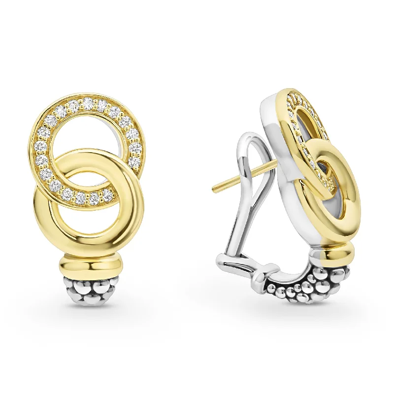 Signature Caviar Two-Tone Interlocking Diamond Omega Clip Earrings