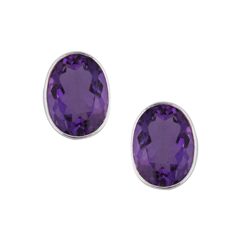 Sterling Silver Oval Amethyst Clip Earrings