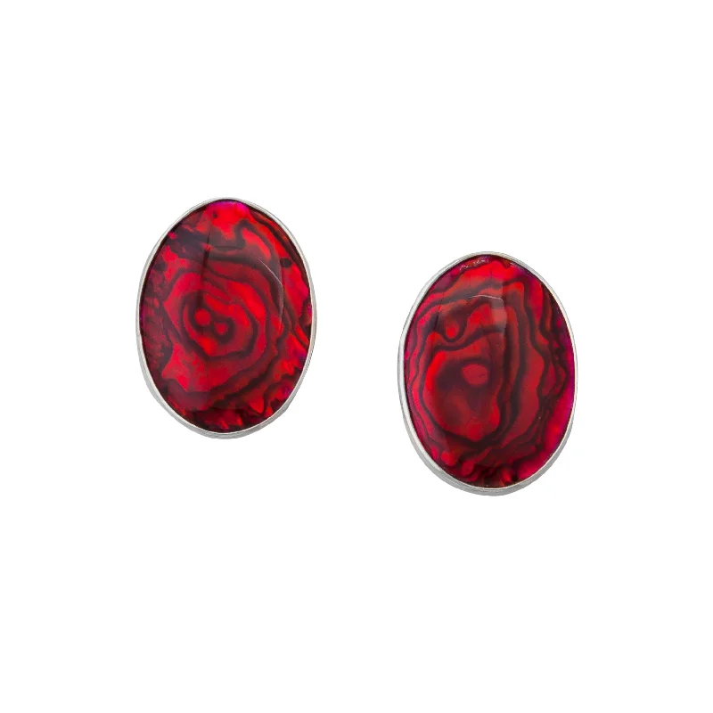 Sterling Silver Oval Red Abalone Clip Earrings