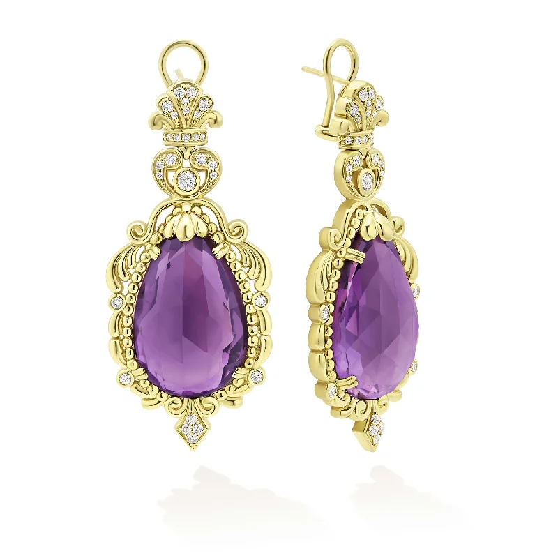 Studio 18K Gold Amethyst and Diamond Baroque Omega Clip Earrings