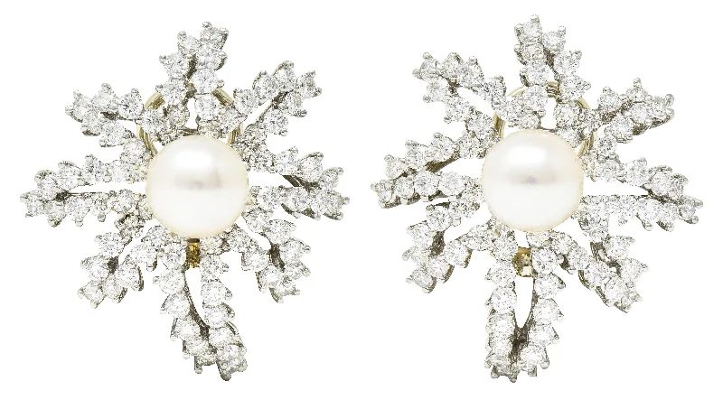 Tiffany & Co. 1993 4.62 CTW Diamond Pearl Platinum Fireworks Vintage Ear-Clip Earrings