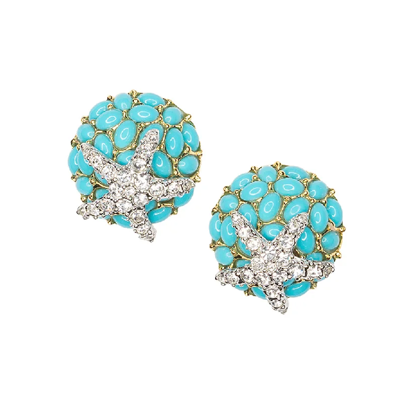 Turquoise And Crystal Starfish Clip Earrings