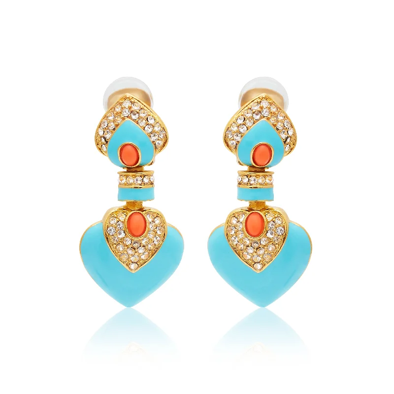 Turquoise & Coral Heart Drop Clip Earrings