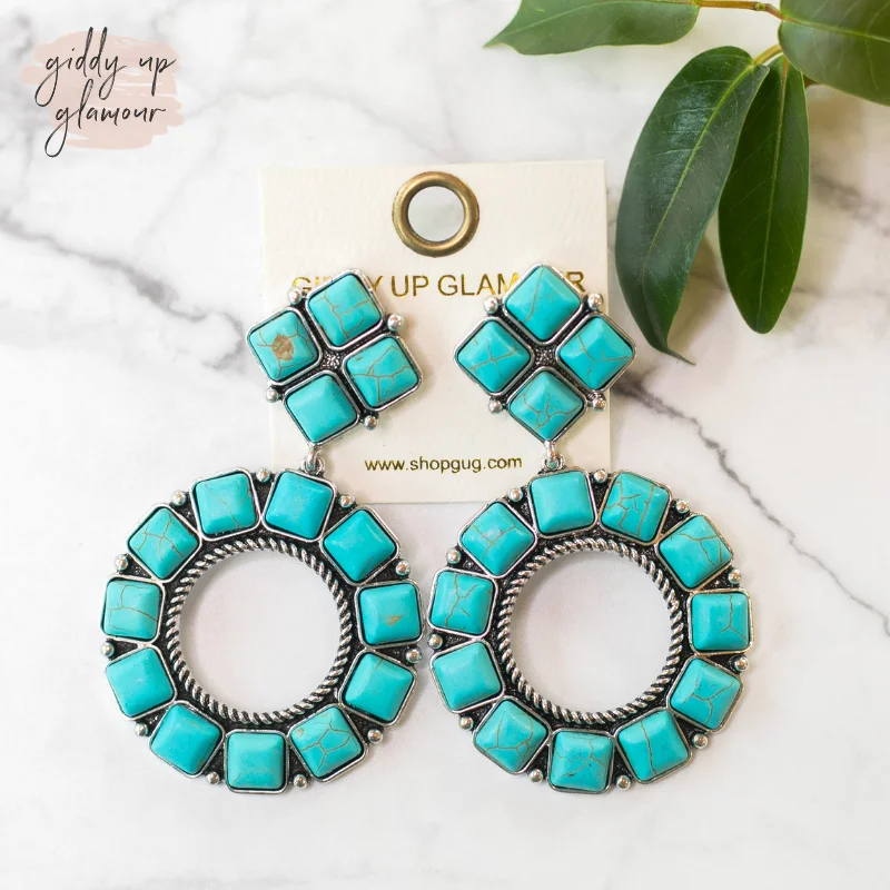 Diamond with Circle Drop Clip-On Earrings in Turquoise