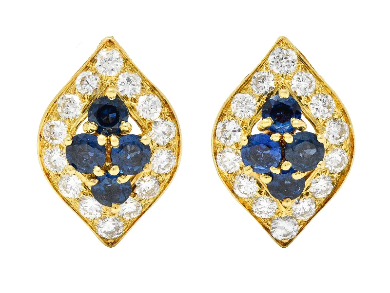 Van Cleef & Arpels France 2.04 CTW Diamond Sapphire 18 Karat Yellow Gold Marquise Cluster Ear-Clip Earrings